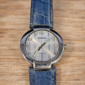 Magna Quartz Wristwatch Japan Movt Silver Dial Blue Strap AS-IS Untested